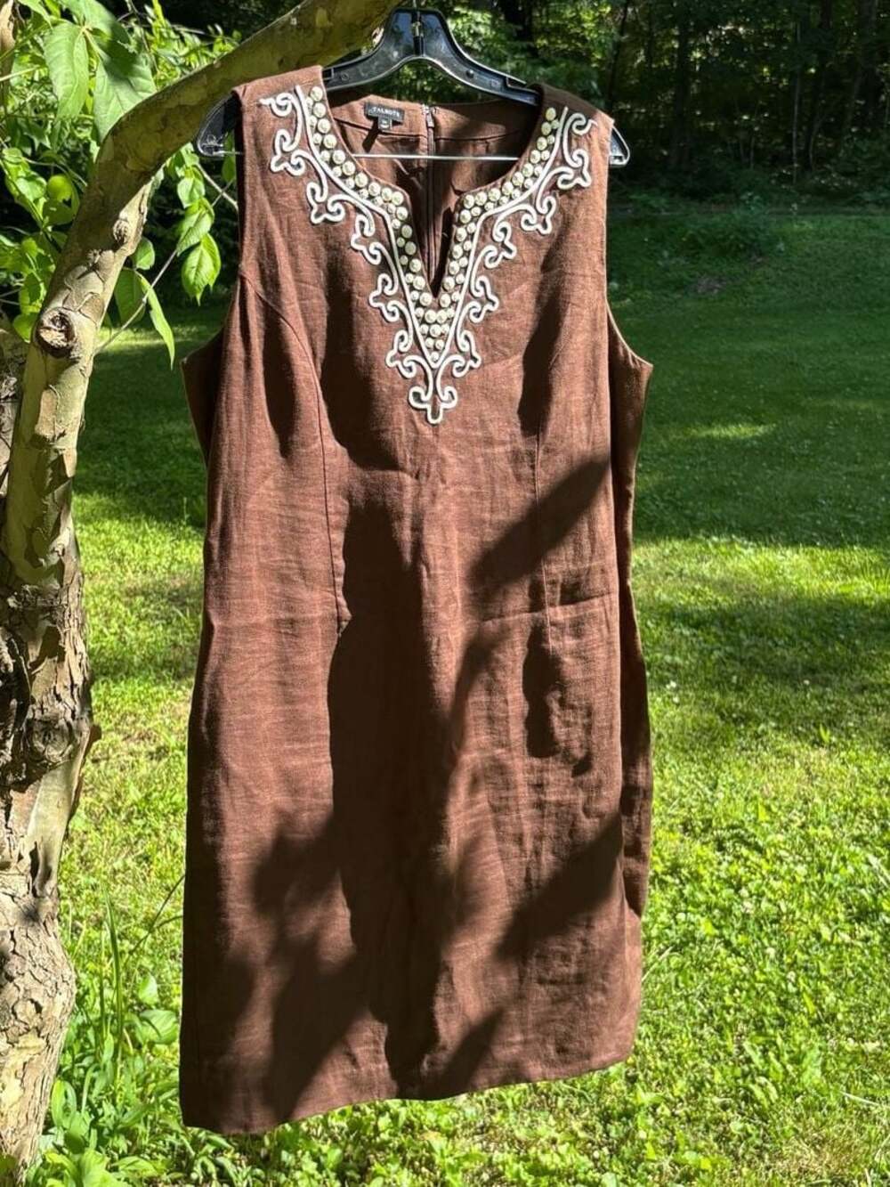 Talbots Brown Linen Sleeveless Beaded Shift Dress